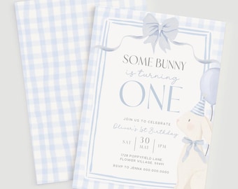 Some Bunny is Turning One Invites Canva. Editable Blue Coquette Invitation Boys 1st Birthday Gingham First Party Spring Rabbit Bow Theme A3