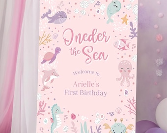 Oneder the Sea Party Decorations. Editable Under the Sea Welcome Sign. Girls Ocean Animals 1st Birthday Printable Sign. Instant Download Z5