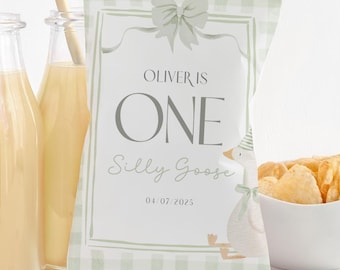 One Silly Goose Chip Bag Label. Editable Potato Snack Bag Party Favor. Fun Kids Party Supplies Printables Sage Green Birthday Decorations G8
