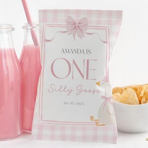May include: A pink and white party favor bag with the text "AMANDA IS ONE Silly Goose 04/07/2025" and a cartoon goose illustration. Two glass bottles of pink liquid with pink straws are on the left. A white bowl of chips is on the right.