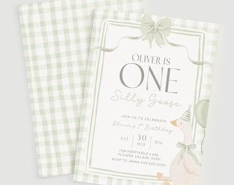 One Silly Goose Birthday Invite. Editable Goose Invitation. Gender Neutral 1st Birthday Sage Green Gingham First Party Coquette Bow Theme G8