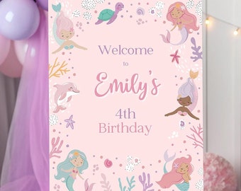 Mermaid Theme Welcome Sign. Editable Template Under the Sea 4th Birthday Decor. Girl Pastel Pink Personalized Digital Instant Download Z1