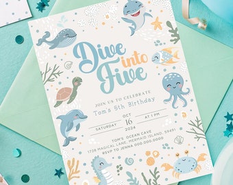 Dive Into Five Birthday Invitation. Boys Ocean Animals Theme. Editable Template. Under the Sea Party Invite. Kids 5th Birthday Supplies Z6