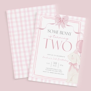 Some Bunny is Turning Two Invites Canva Editable Pink Coquette Invitation Girls 2nd Birthday Gingham Second Party Spring Rabbit Bow Theme