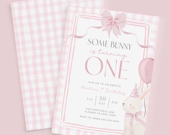 Some Bunny is Turning One Invitation. Custom Pink Bow Invite. Girls Rabbit 1st Birthday Gingham First Party Spring Coquette Theme Canva A1