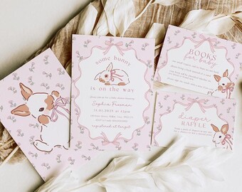 Some Bunny is on the Way Baby Shower Invite. Easter Pink Bow Coquette Invitation. Vintage Editable Template. Printable Girl Spring Party. R3