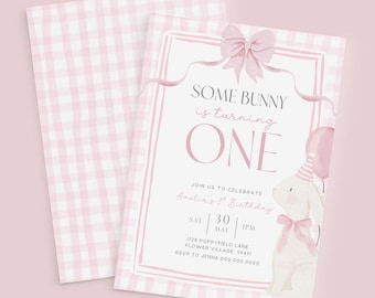 Some Bunny is Turning One Invites Canva. Editable Pink Coquette Invitation Girls 1st Birthday Gingham First Party Spring Rabbit Bow Theme A1