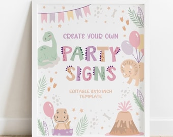 Girl Dinosaur Custom Party Sign Printable Baby Dino Table Sign Cute Dino Birthday Party Decor Girls Digital Pastel Digital Canva Template D3