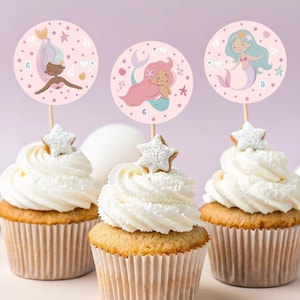 Mermaid Cupcake Toppers. Custom Under The Sea Decorations. Personalized Birthday Party Supplies. Girl Pastel Pink Editable Template. Z1