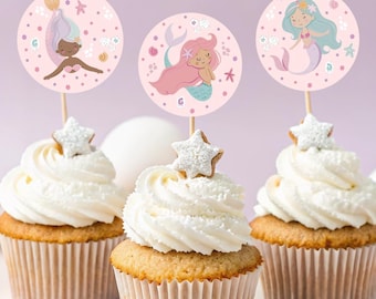 Mermaid Cupcake Toppers. Custom Under The Sea Decorations. Personalized Birthday Party Supplies. Girl Pastel Pink Editable Template. Z1