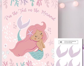 Pin The Tail On The Mermaid Party Games For Kids - 24 PCS Tail Stickers Fish 21 X 28 Inch Poster Birthday Decorations School Classroom Activities Sf1