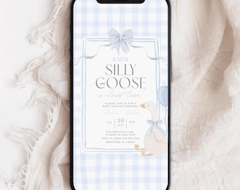 Evite Silly Goose Baby Shower Mobile Invitation Boys Gingham Little Goose Blue Bow Mother Goose Electronic Digital Invite Canva Template O3