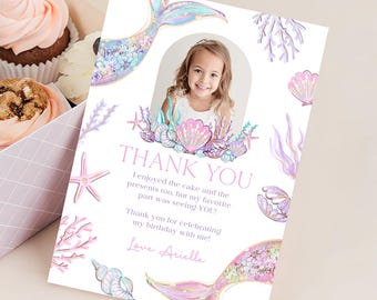 Mermaid Tail Thank You Note. Printable Birthday Party Thank You Card with Photo. DIY Editable Pastel Under the Sea Theme Digital Download Z8