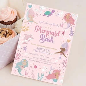 Swim Party Mermaid Invitation - Girls 7th Birthday - Pastel Pink Pool Party Invite - Ocean Life Digital Download Customizable Template Z1