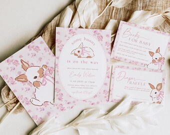 Some Bunny is on the Way Baby Shower Invite. Easter Pink Bow Coquette Invitation. Vintage Template. Printable Girl Floral Spring Suite. R3