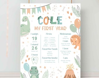 Dinosaur Milestone Board Printable Cute Dino First Birthday Sign Custom Editable First Year Milestone Stats Boys 1st Birthday Party Decor D2