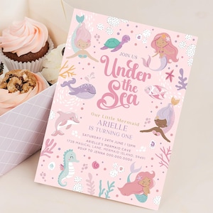 Editable Mermaid 1st Birthday Invitation - Under the Sea Party Invite - Printable Template - Ocean Life First Birthday Instant Download Z1