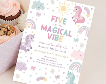 Unicorn Birthday Invitation Canva. Editable Template. Magical 5th Rainbow Party Invite. Instant Download. Colorful Birthday Celebration Z4