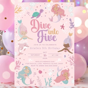 Dive Into Five Mermaid Invitation - Pink Girl 5th Birthday Invite - Editable Template - Pastel Under the Sea Theme - Instant Download Z1
