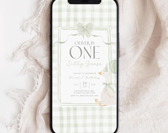 One Silly Goose Birthday Evite. Sage Green Bow Gingham 1st Birthday Mobile Invitation Coquette Watercolor Theme Electronic Digital Invite G8