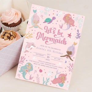 Editable Let's Be Mermaids Birthday Invitation Four - 4th Birthday - Under the Sea - Printable Girls Pastel Pink Invite Instant Download Z1