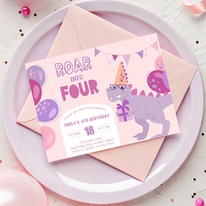 Roar Into 4 Invitations. Dinosaur Girl 4th Birthday Invite. Four T-Rex Dino Invitation. Printable Fourth Pink Modern Digital Kids Party. D5