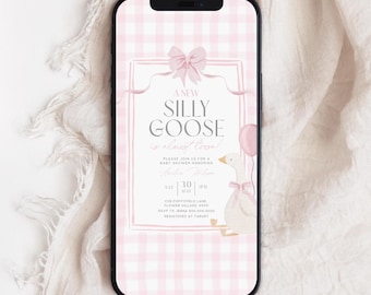 Evite Silly Goose Baby Shower Mobile Invitation Girls Gingham Little Goose Pink Bow Mother Goose Electronic Digital Invite Canva Template O2