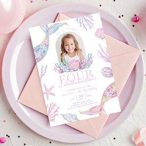 Editable Four Mermaid Tail Invitation Picture Fourth Girls Summer Watercolor 4th Birthday Shellbrate Invite Pastel Theme Digital Canva Z8
