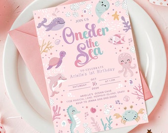 Oneder the Sea Birthday Invitation. Ocean Birthday Party Invitation. Girl Printable Ocean Animals. 1st Birthday Invite. Editable Template Z5