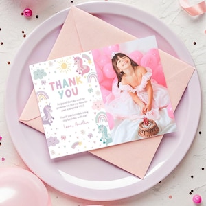 Unicorn Thank You Note. Pastel Rainbow Party Note Card with Picture. Instant Download. Cute Girl Magical Birthday Editable Canva Template Z4