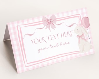 Editable Some Bunny Food Labels Girls Party Printable 1st Birthday Decor Gingham Coquette Baby Shower. Pink Bow Food Tent Card Template A1