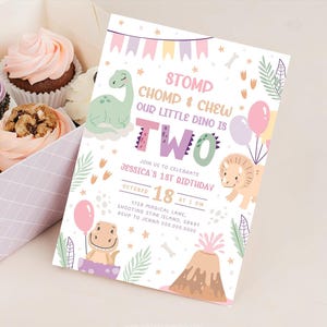 Dinosaur 2nd Birthday Invitations Girl. Cute Baby Dino Second Invite. Two Year Old Printable Pastel Pink Girl Modern Digital Kids Party. D3