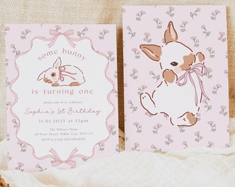 Some Bunny Is One Digital Invitation. Pink Coquette Bow First Birthday. Vintage Floral Easter Invite. Girls Printable Editable Template. R4