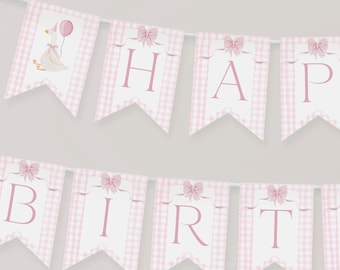 One Silly Goose Garland. Pink Bow Happy Birthday Banner Template Girls Coquette Gingham Theme Bunting Banner Canva - Printable & Editable G7