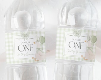 Printable One Silly Goose Favor Water Bottle Wrap Sage Green Bow Decor Water Bottle Label Printable Sticker Gingham Coquette Spring Theme G8