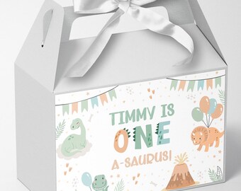 Printable Dinosaur Gable Box Label DIY Favor Box Sticker Boy Custom Treat Box Dino One A Saurus Theme 1st 2nd 3rd 4th 5th Birthday Party D2