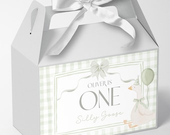 Printable One Silly Goose Gable Box Label. DIY Favor Box Stickers Custom Treat Box Sage Green Bow Goose Coquette Theme 1st Birthday Party G8