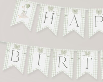 One Silly Goose Garland. Sage Green Bow Happy Birthday Banner Template Coquette Gingham Theme Bunting Banner Canva - Printable & Editable G8