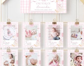 One Silly Goose Monthly Banner Printable Coquette Milestone Photo Banner. Girls Pink Bow 12 Month First Birthday Sign Gingham Party Canva G7