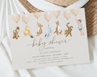Classic Winnie the Pooh Baby Shower Invite. Vintage Pooh Bear Invitation. Gender Neutral Themed Baby Sprinkle. Digital Editable Template. N1