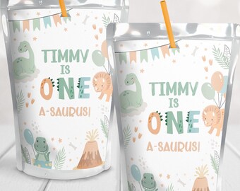 Printable Dinosaur Capri Sun Juice Pouch Label DIY Favor Sticker Boys Custom Cute Baby Dino Pastel Theme One A Saurus 1st Birthday Party D2