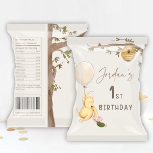 Vintage Winnie the Pooh First Birthday Decorations. Custom Chip Bag Labels. 1st Neutral Themed Printable Templates. Customized Balloons. B2
