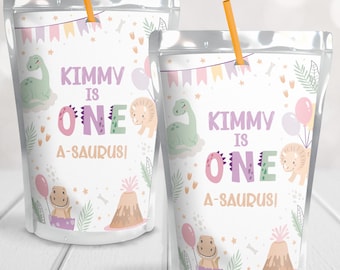 Printable Dinosaur Capri Sun Juice Pouch Label DIY Favor Sticker Girls Custom Cute Baby Dino Pastel Theme One A Saurus 1st Birthday Party D3
