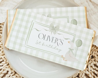 One Silly Goose Party Favors. Printable Sage Green Bow Gingham Chocolate Wrapper Template, Editable Candy Bar Labels, Custom Party Favour G8