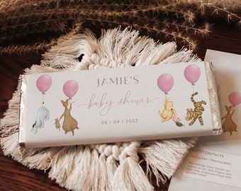 Vintage Winnie the Pooh Girl Baby Shower Chocolate Favors for Guests. Candy Bar Favor Stickers. Editable Pink Hershey Bar Wrapper Labels. G1