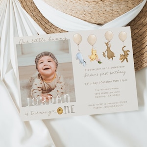 Classic Winnie the Pooh Birthday Invitation. 1st Birthday Girl Invite. Instant Digital Download. Printable Neutral Photo Invitation. B2