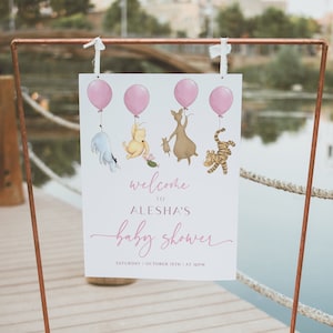 Winnie the Pooh Baby Shower Welcome Sign. Welcome to Shower Signage. Vintage Baby Girl Pink Balloons. Classic Pooh Bear Instant Template. G1