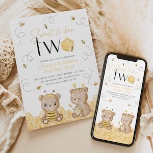 Twins Bee Birthday Themed Invitations. Happy Birthday Twins Invite. Twin Bumble Bee Evite. Printable Digital Template for Second Birthday J5