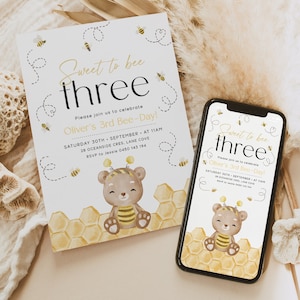 Bumble Bee 3rd Birthday Invitations. Honey Bee Themes for 3rd Birthday Party. Sweet to Bee Three Invites. Third Birthday Party Evite. J5