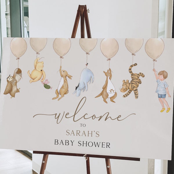 Cartel de bienvenida al baby shower de Winnie the Pooh. Señalización digital para fiestas de chicas y chicos. Plantilla clásica de acuarela instantánea del oso Pooh. Género neutro N1